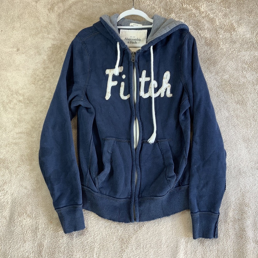 Vintage Abercrombie & Fitch Navy Thick Distressed Muscle Zip Hoodie L Y2K READ